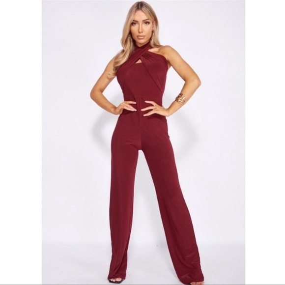 Burgundy Sleeveless Halter Neck Open Back Wide Leg Jumpsuit Playsuit - Picture 3 of 10